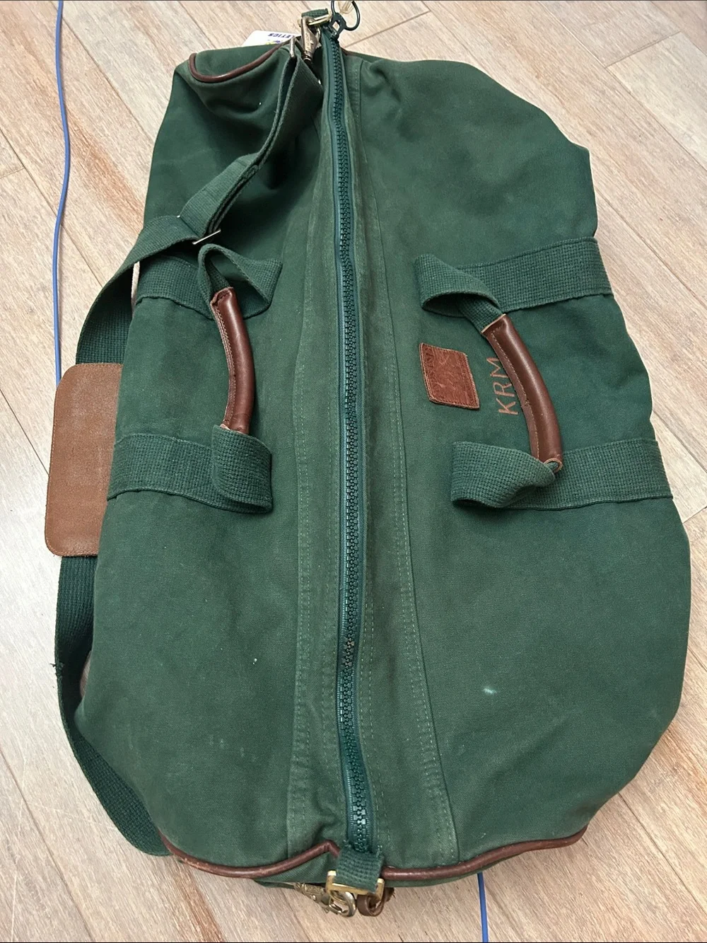 VTG Lands' End Dark Green Canvas Duffel with Brown Trim large square rigger
